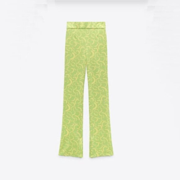 NWT Zara lime green & yellow jacquard high rise flared leggings, S - Picture 6 of 10